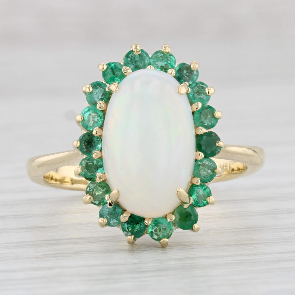 Light Gray Oval Cabochon Opal 0.90ctw Emerald Halo Ring 14k Yellow Gold Size 10