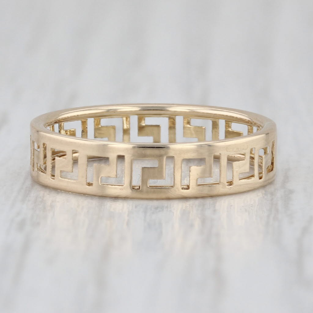 Greek Key Pattern Band Ring 14k Yellow Gold Size 6 Ring Wide 4.3mm