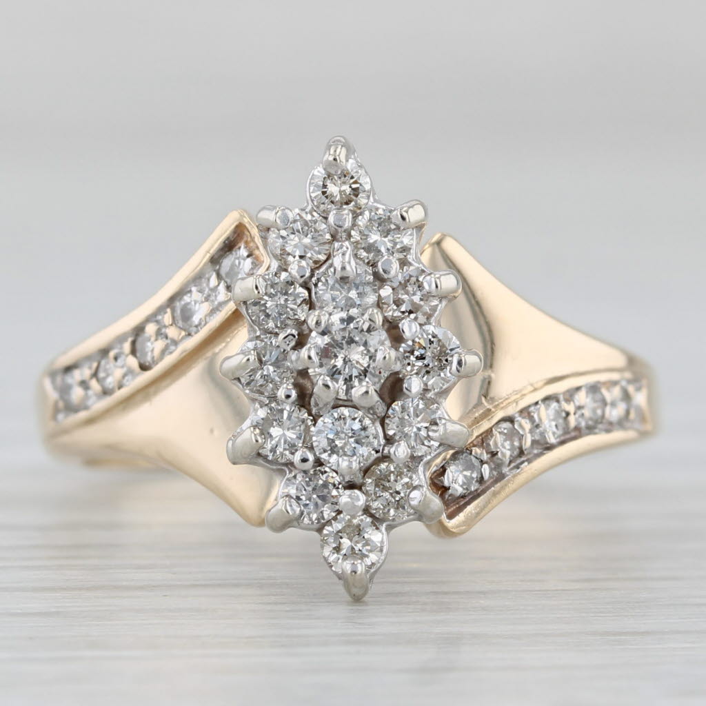 Light Gray 0.60ctw Diamond Cluster Bypass Ring 10k Yellow Gold Vintage Engagement