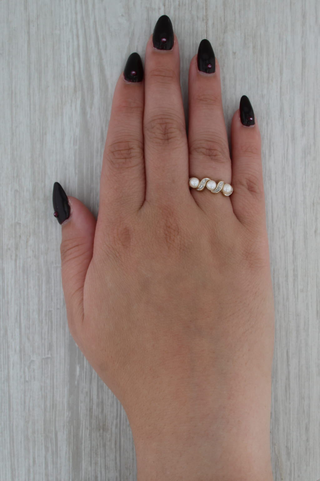3-Stone Cultured Pearl Diamond Ring 14k Yellow Gold Size 7.5 Stackable