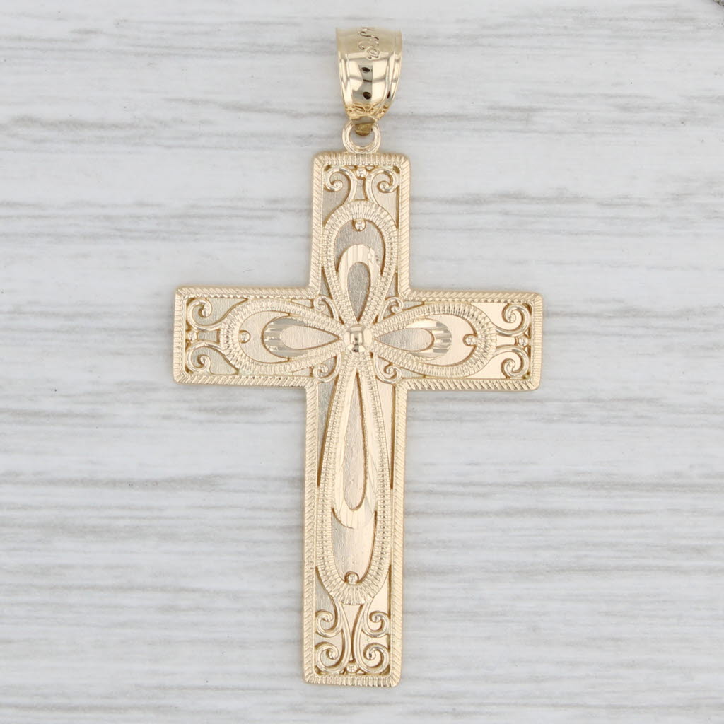 Light Gray Ornate Prayer of Serenity Cross Pendant 14k Yellow Gold Religious Jewelry