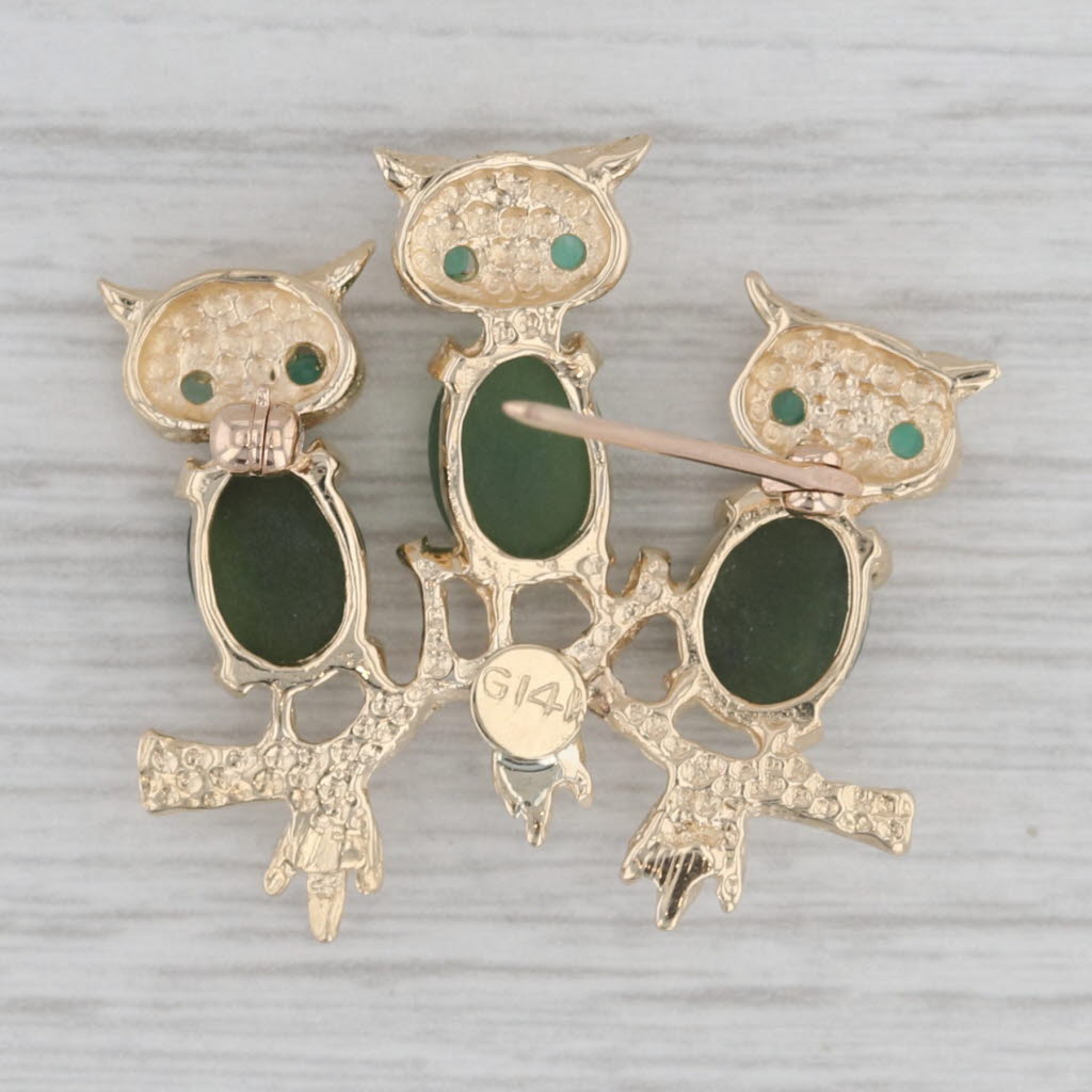 Gray Vintage Nephrite Jade Chalcedony Owl Brooch 14k Yellow Gold Pin 3 Owls