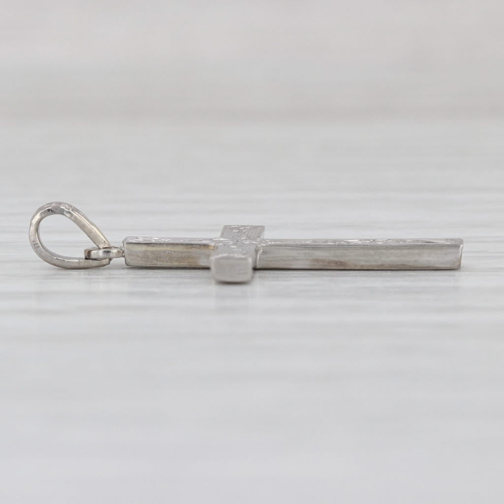 Floral Etched Cross Pendant 10k White Gold Small Drop