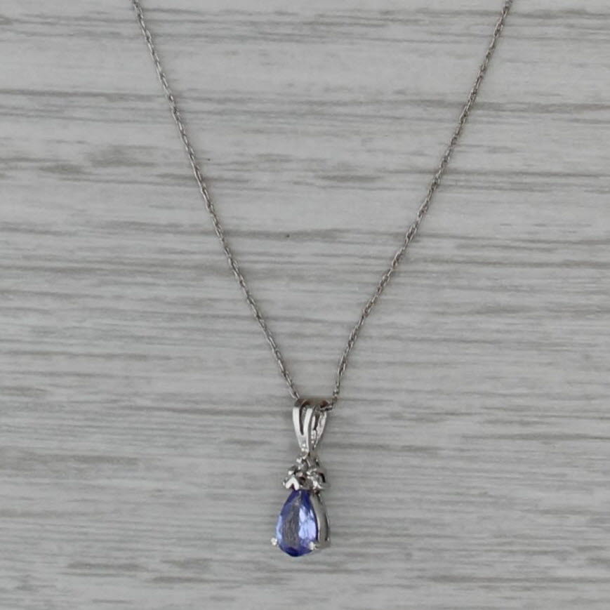 0.28ct Tanzanite Diamond Teardrop Pendant 10k White Gold 19" Rope Chain