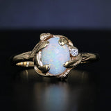 Black Floral Oval Opal Cabochon Diamond Ring 14k Yellow Gold Size 9.25