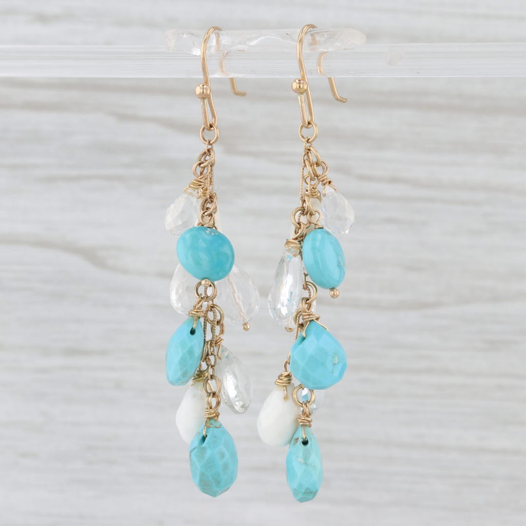 Turquoise Quartz Topaz Briolette Dangle Earrings 14k Yellow Gold Hook Post Drops