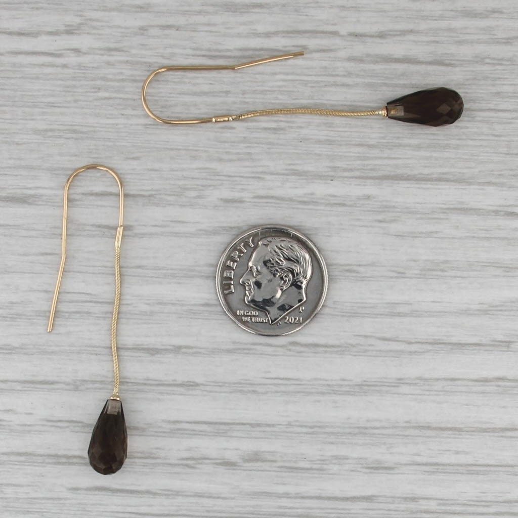 Smokey Quartz Briolette Dangle Teardrop Earrings 14k Yellow Gold Hook Posts