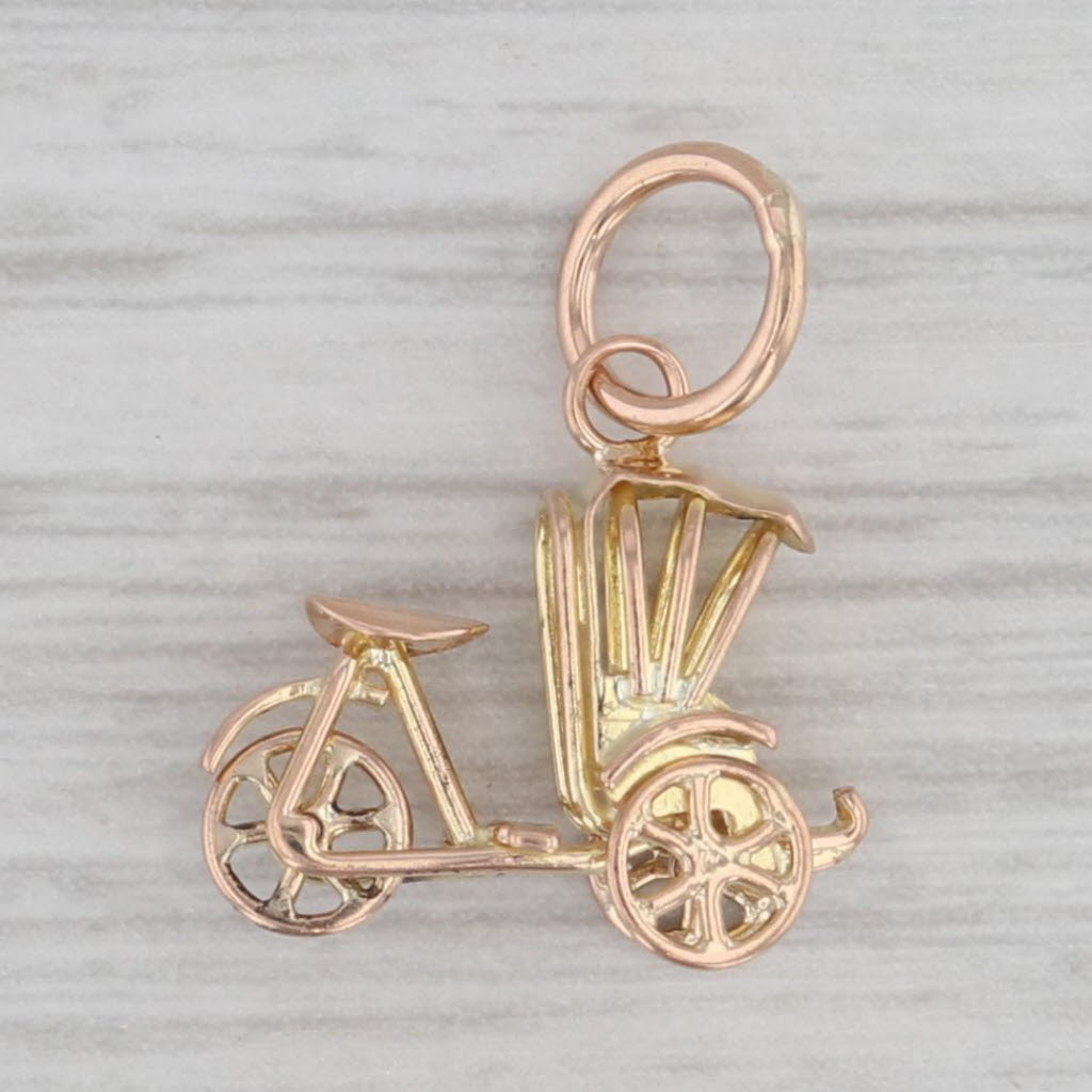 Gray Vintage Bike Tricycle Carriage Charm 18k Yellow Gold Wheels Move Pendant