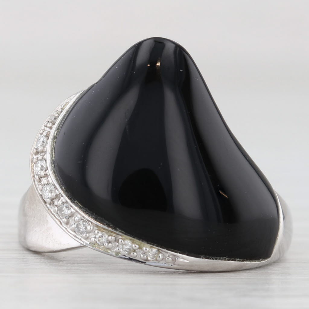 Dark Slate Gray Baroque Devitrified Black Glass Diamond Ring 14k White Gold Size 8.25 Statement