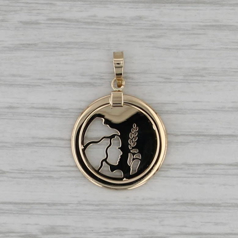 Virgo Symbol Stencil of Girl Holding Wheat Pendant 14k Gold Astrology Medallion