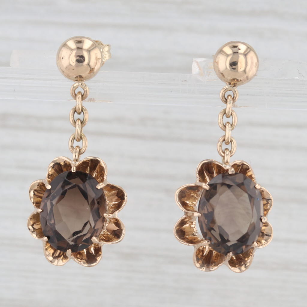 Light Gray 5ctw Smoky Quartz Dangle Flower Earrings 14k Yellow Gold Belcher Setting Drops