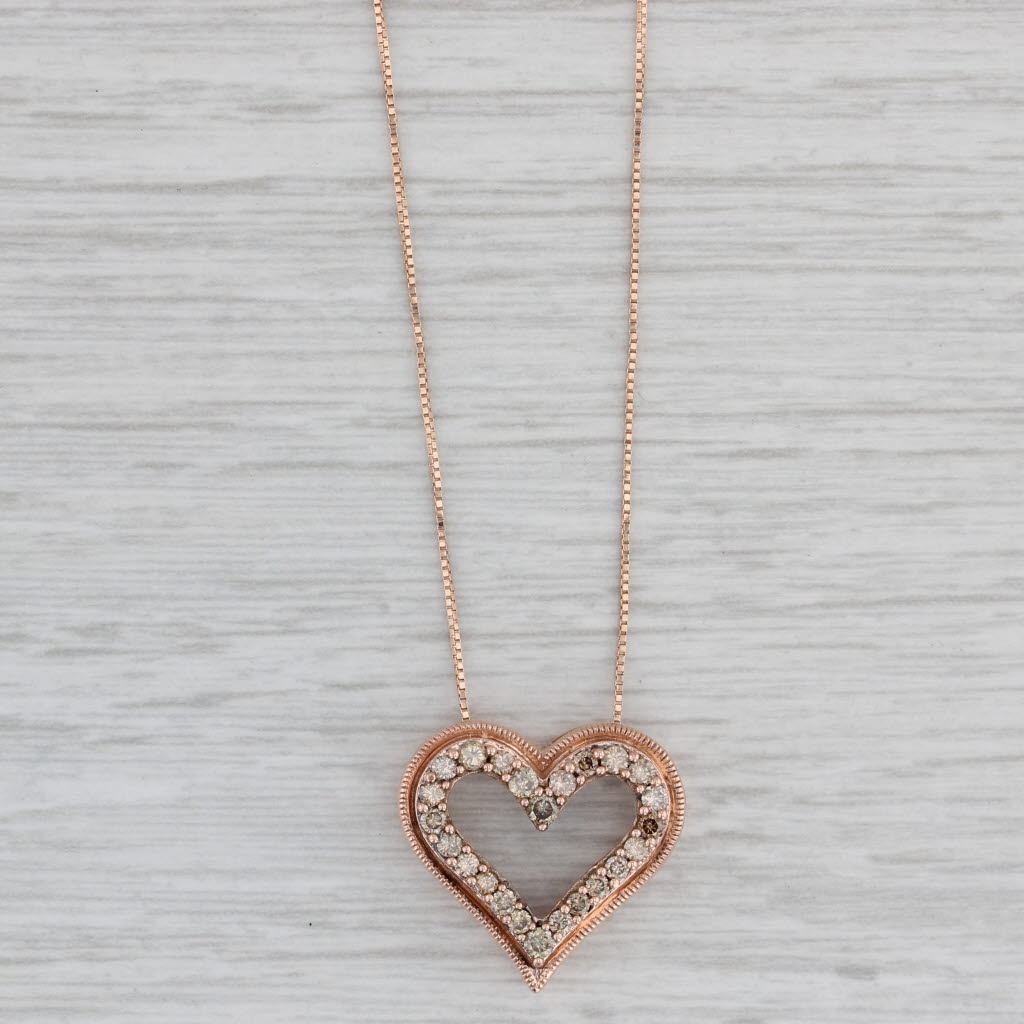 Gray 0.47ctw Champagne Diamond Heart Pendant Necklace 10k Rose Gold 19" Box Chain