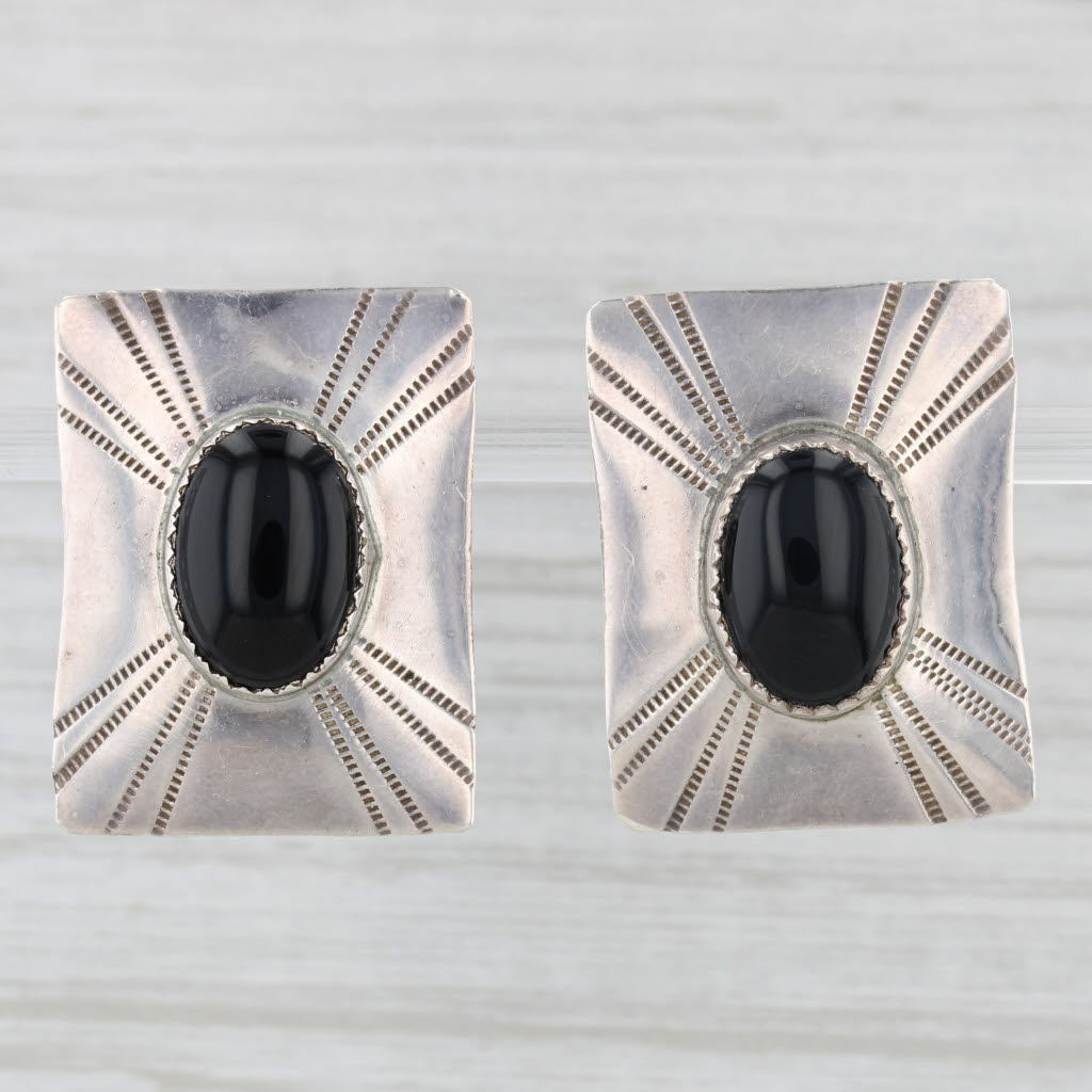 Light Gray Vintage Native American Onyx Stamped Earrings Sterling Silver Statement