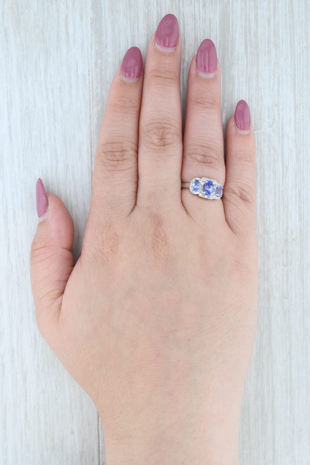 Light Gray 1.10ctw Tanzanite 3-Stone Diamond Ring 14k White Gold Size 6.25