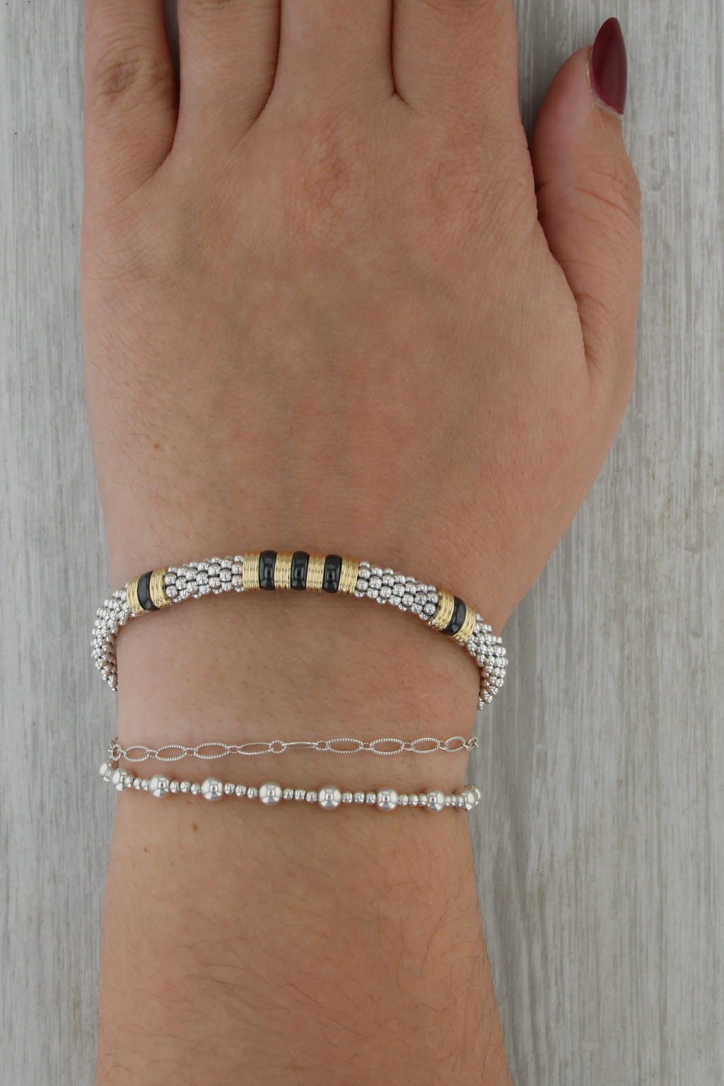 New Lagos Black Caviar Bracelet Sterling Silver 18k Gold Ceramic w/ Pouch 7.75"