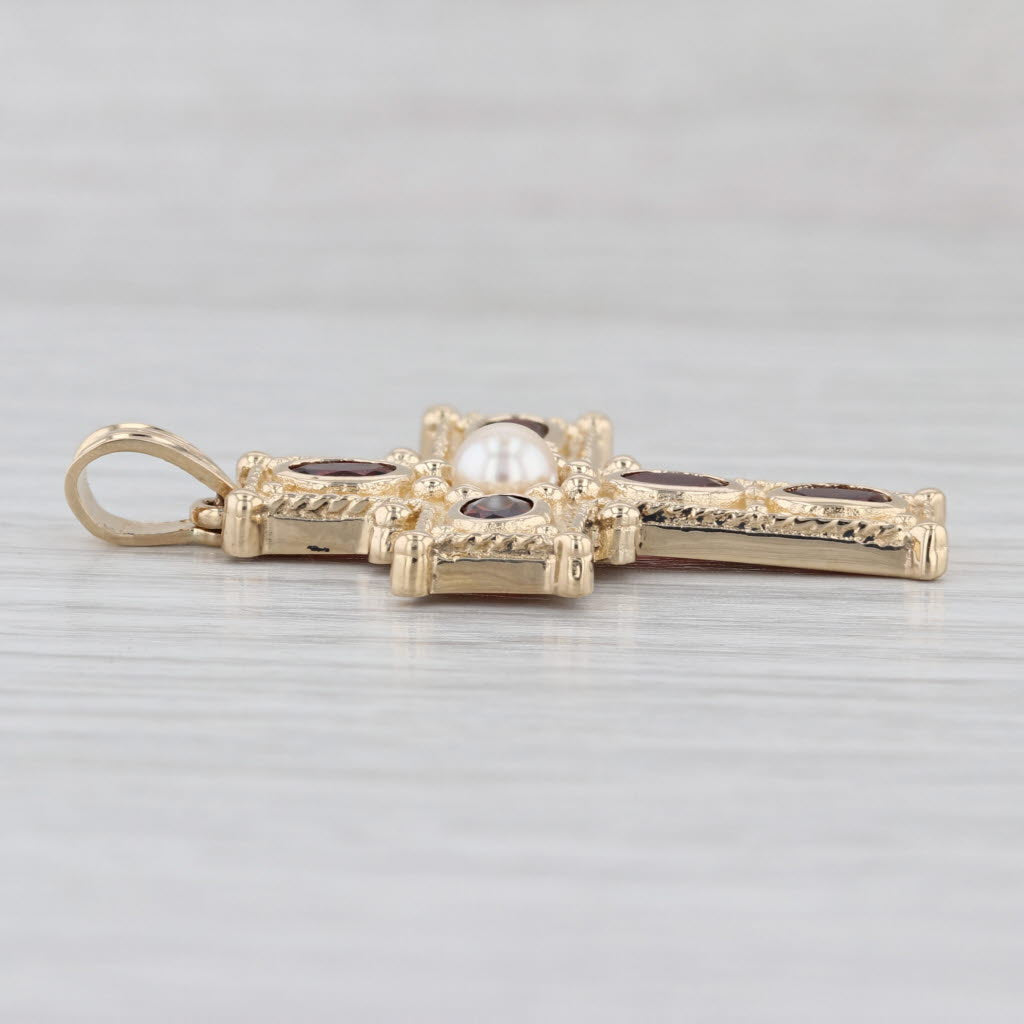 2ctw Garnet Cultured Pearl Cross Pendant 14k Yellow Gold Ornate