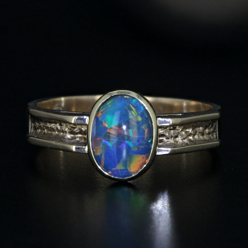 Black Colorful Opal Triplet Ring 9k Yellow Gold Size 6.25 Oval Cabochon Solitaire