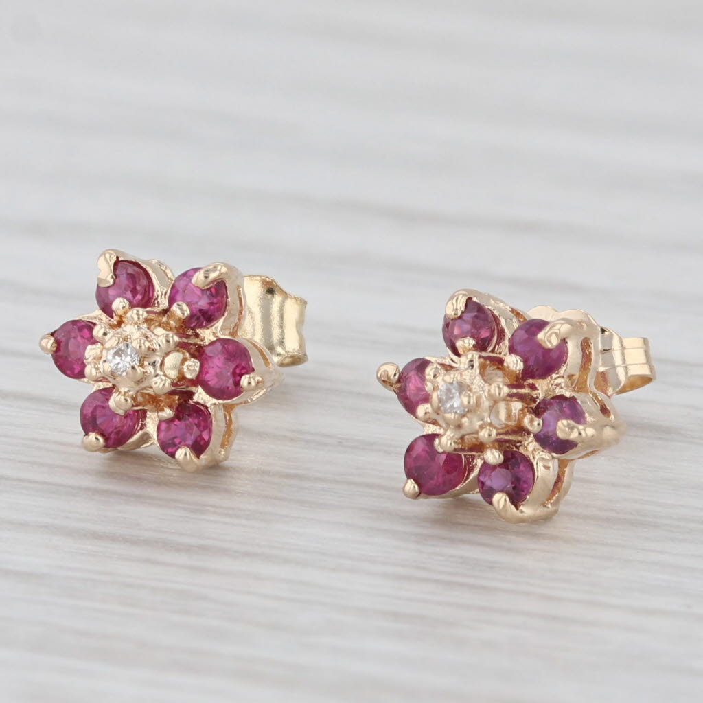 Light Gray 0.36 ctw Ruby Diamond Flower Studs 10K Yellow Gold Earrings