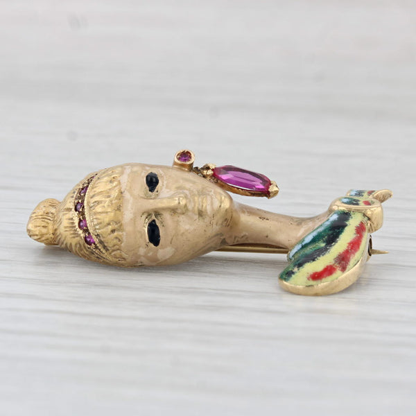 Lab Created Ruby Figural Female Bust Brooch 18k Gold Enamel Pin Italy