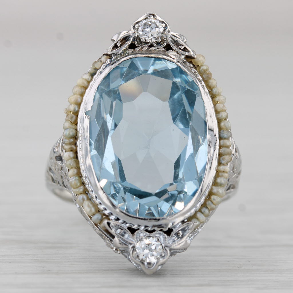 Gray Vintage Lab Created Blue Spinel Diamond Pearls Filigree Ring 14k White Gold Sz 6