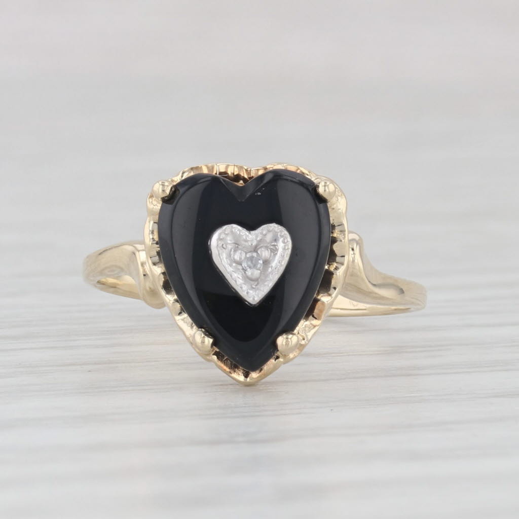 Light Gray Vintage Onyx Heart Diamond Ring 10k Yellow Gold Size 5.5