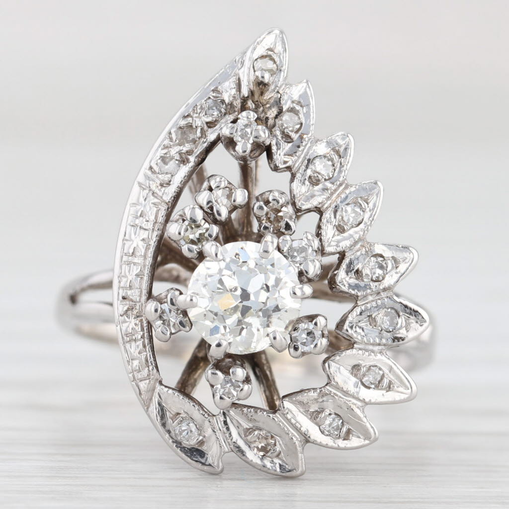 Light Gray Vintage Diamond Cocktail Ring 14k White Gold Size 7.25 Old European Cut