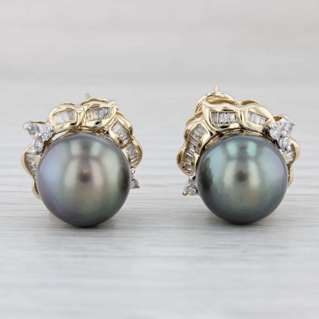 Light Gray Cultured Gray Pearl 1.18ctw Diamond Halo Earrings 14k Yellow Gold Omega Backs