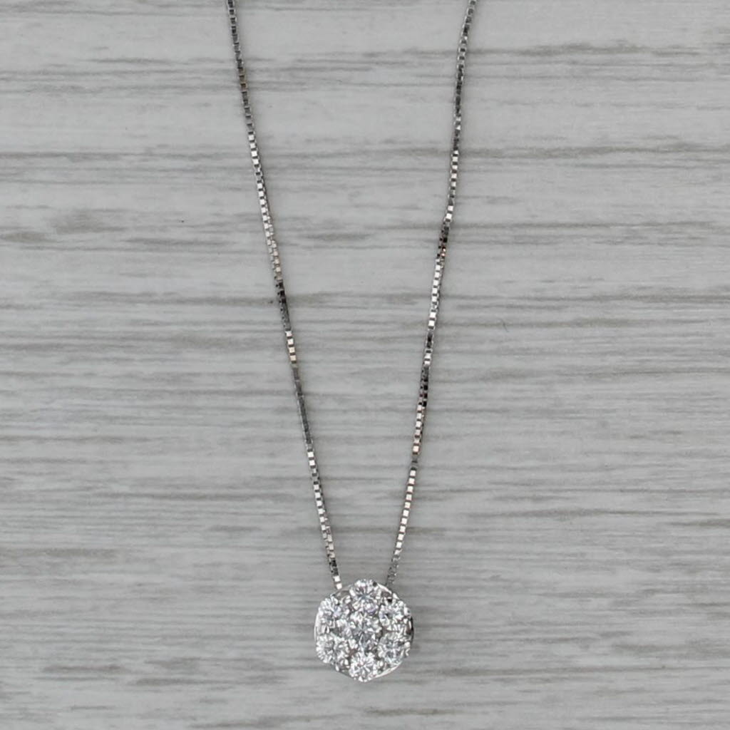 0.48ctw Diamond Cluster Pendant Necklace 14k White Gold 18" Box Chain
