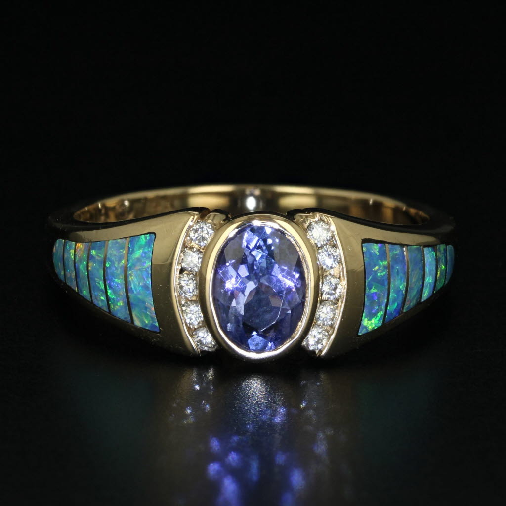 Black 1.02ctw Tanzanite Diamond Blue Opal Ring 14k Yellow Gold Size 9.5 Kabana