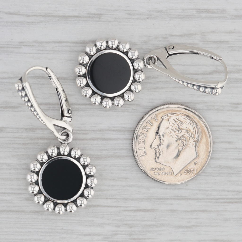 Gray New Lagos Maya Small Onyx Circle Drop Earrings Sterling Silver Pouch Tags Cloth