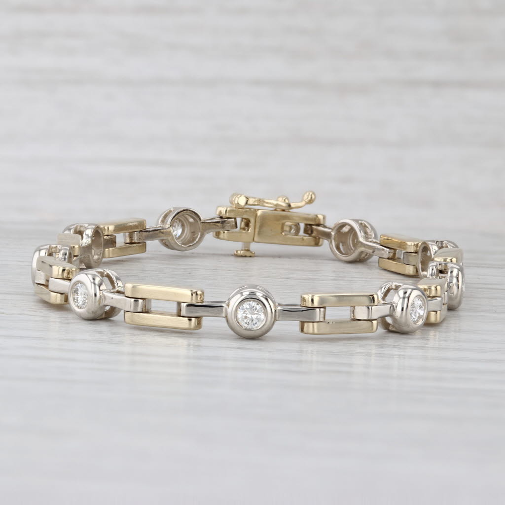 1ctw Diamond Bar & Circle Link Bracelet 14k Yellow White Gold 6.75" 5.7mm