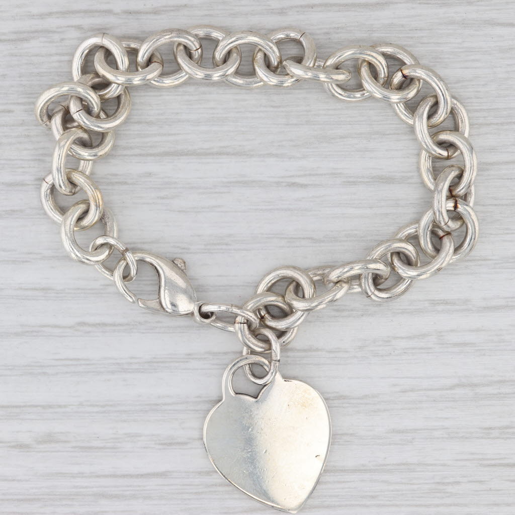 Light Gray Tiffany & Co Engravable Heart ID Tag Charm Bracelet Sterling Silver 7"