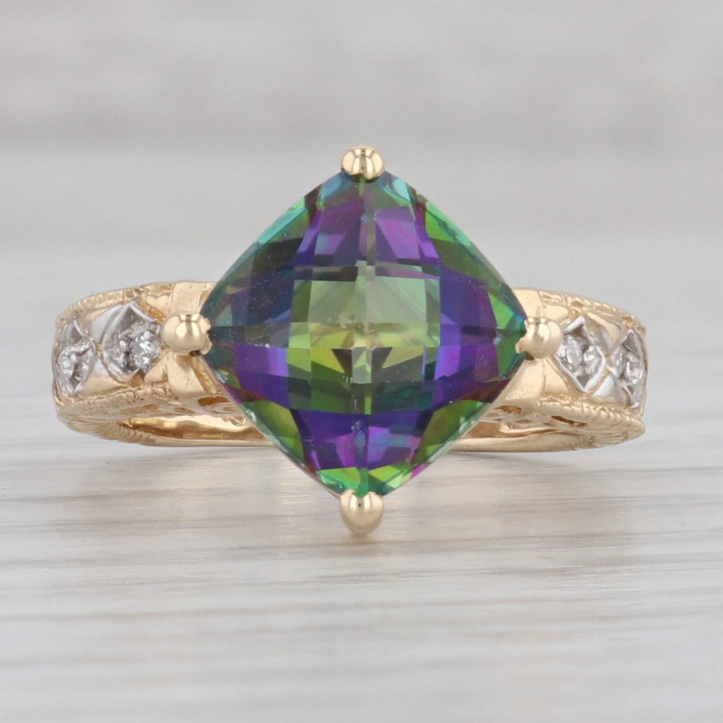 Gray 5.54ct Mystic Topaz Diamond Ring 10k Yellow Gold Size 6.75 Etched Openwork Band