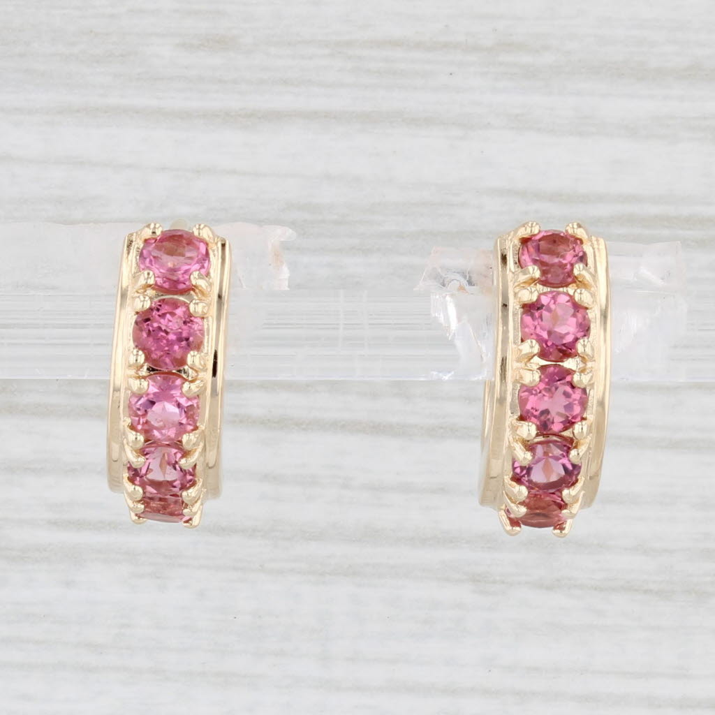 Light Gray 1.15ctw Pink Tourmaline Hoop Huggie Earrings 14k Yellow Gold Round Hoops