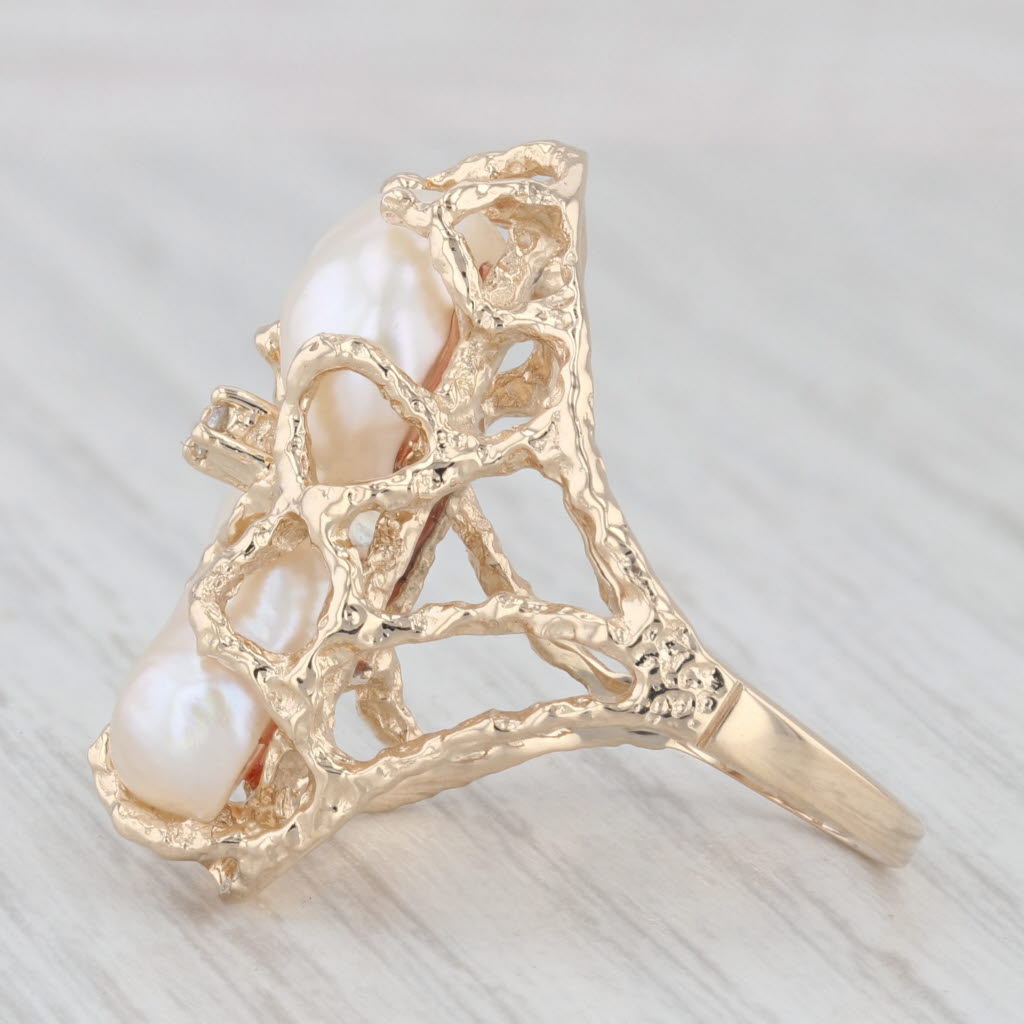 Light Gray Baroque Pearl Cluster Diamond Ring 14k Yellow Gold Size 7 Cocktail