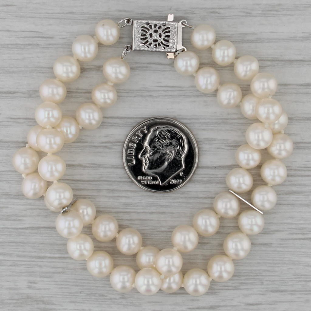 Vintage 2-Strand Cultured Pearl Bracelet 14k White Gold Filigree Clasp 6.75"