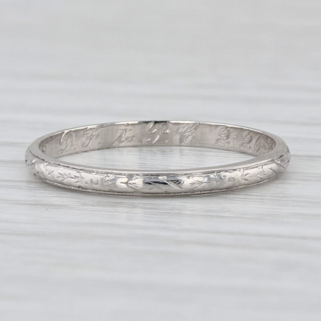Art Deco Floral Etched Wedding Band Platinum Ring Size 5.5 Stackable