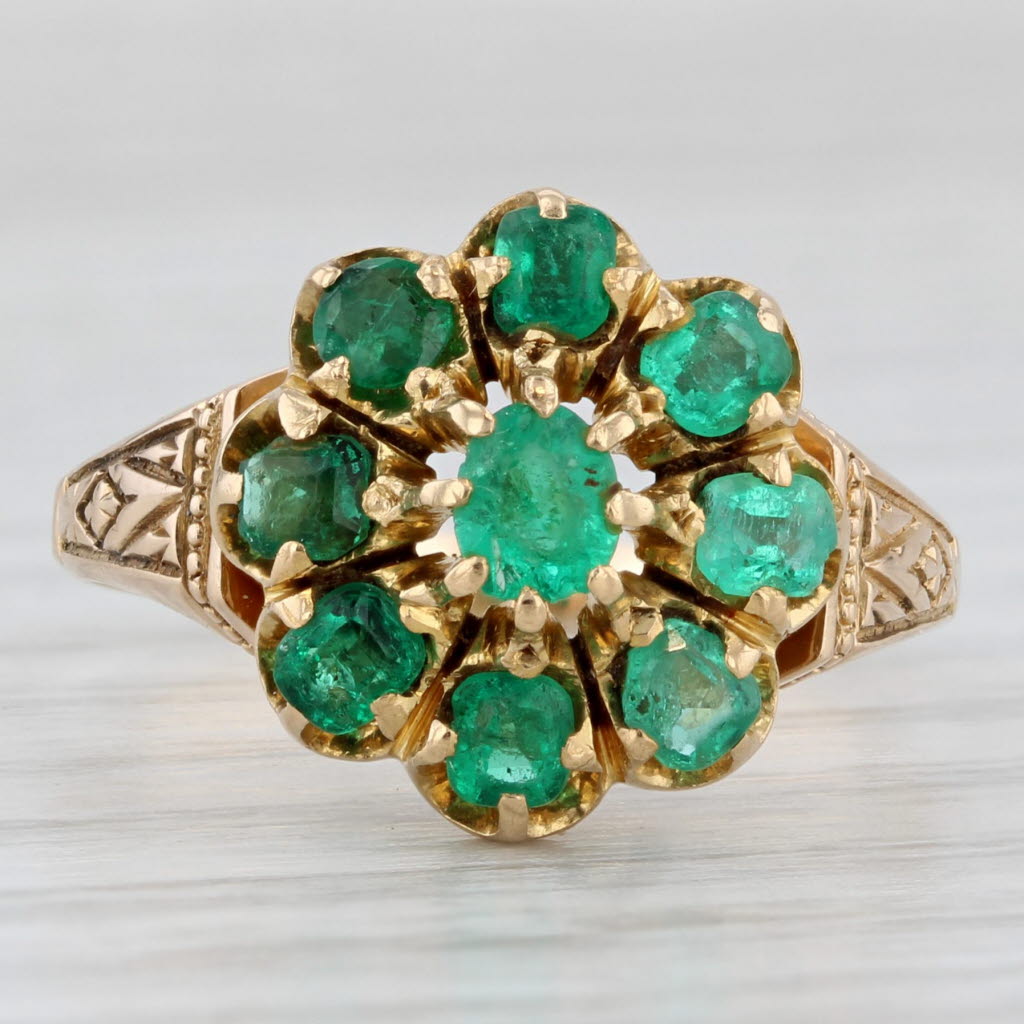 Light Gray Antique 1.10ctw Emerald Flower Cluster Ring 16k Yellow Gold Size 8 AS IS