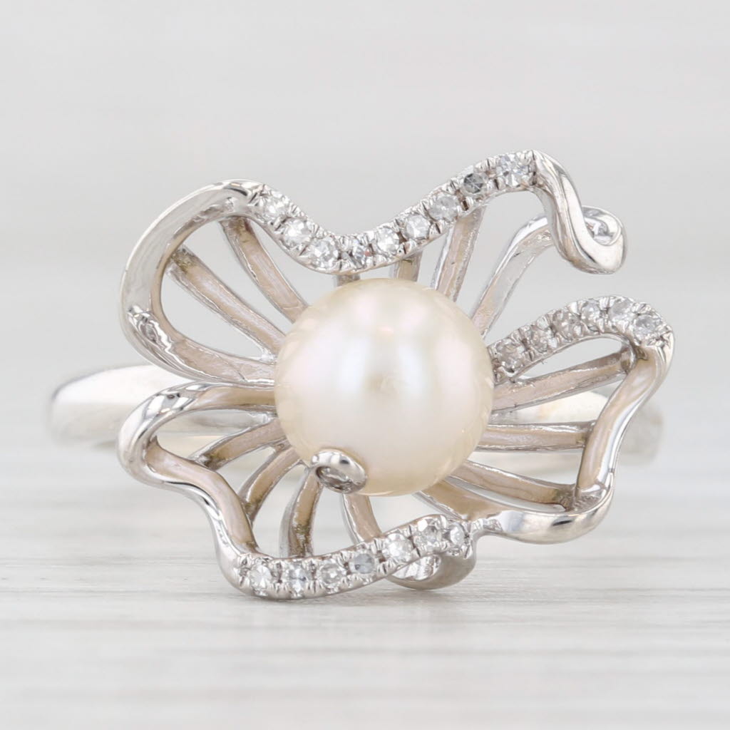 Light Gray Anne Geddes Cultured Pearl Diamond Rimmed Flower Ring Sterling Silver Size 6.25