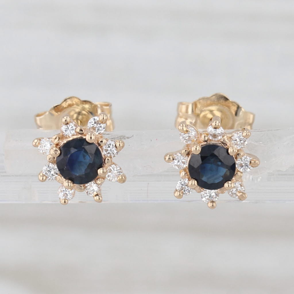 0.65ctw Blue Sapphire Diamond Halo Flower Stud Earrings 14k Gold Small Studs