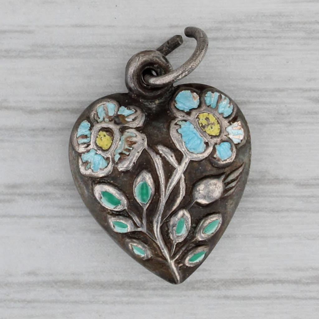 Gray Vintage Floral Puffy Heart Charm Sterling Silver Enamel Pendant