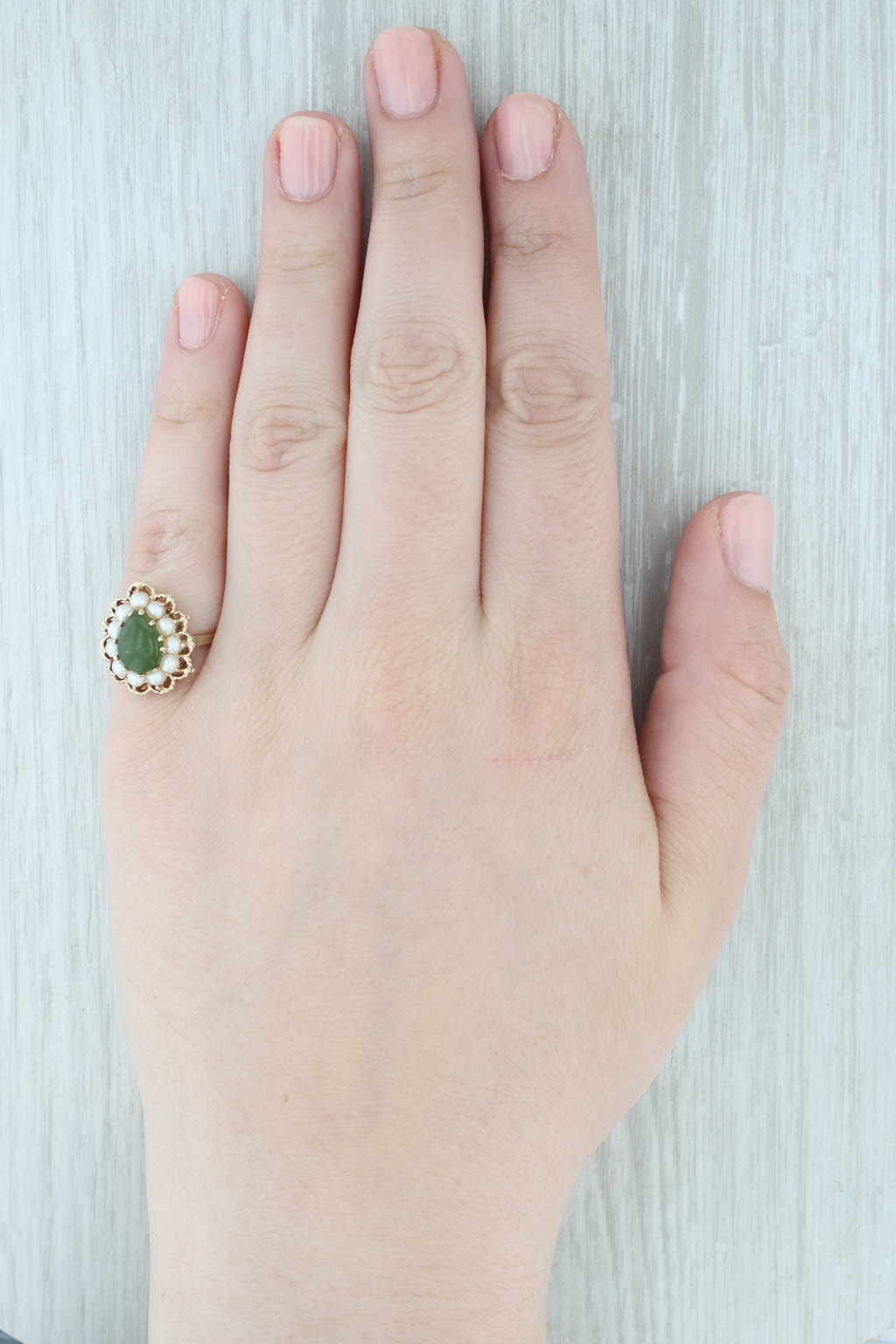 Light Gray Green Nephrite Jade Cultured Pearl Halo Teardrop Ring 10k Yellow Gold Size 6.25
