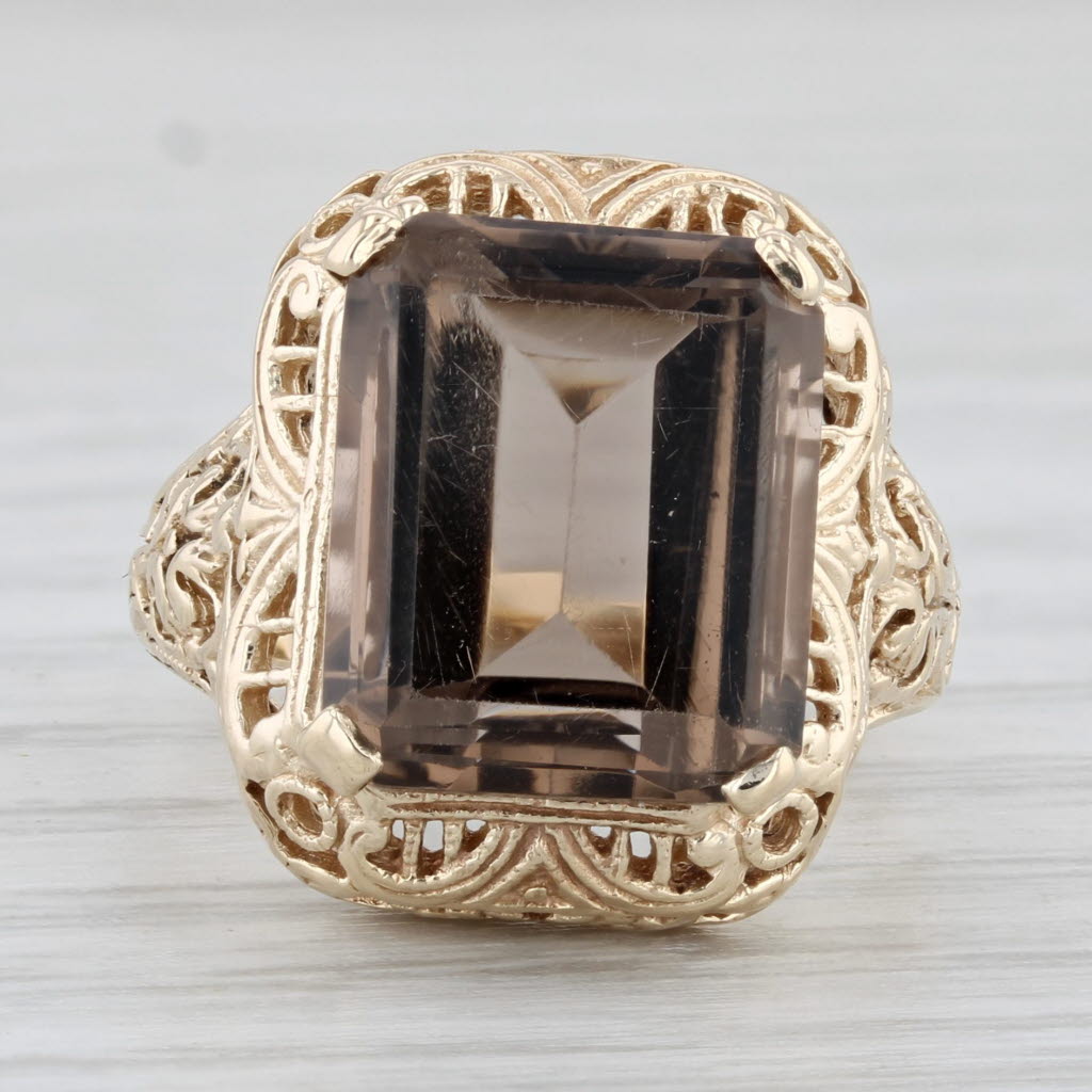 Light Gray 5.40ct Smoky Quartz Solitaire Ring 10k Yellow Gold Size 4.75 Floral Filigree