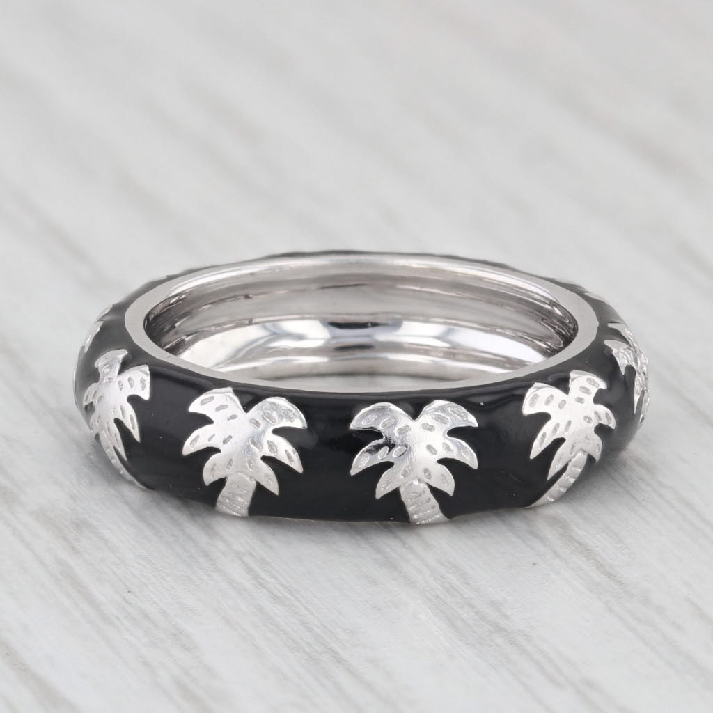 Hidalgo Palm Tree Stackable Ring 18k White Gold Black Enamel Band
