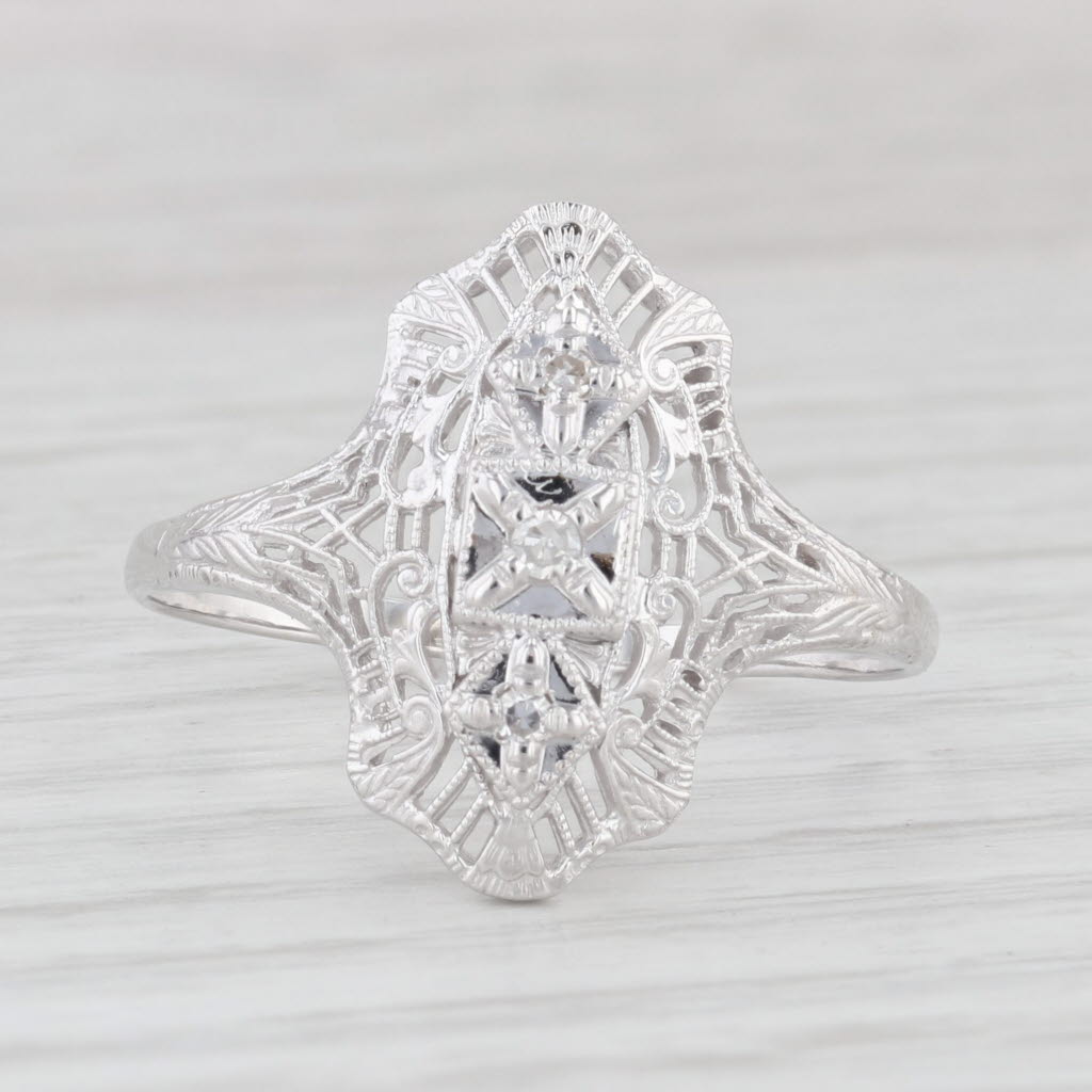 Light Gray Vintage VS2 Diamond Filigree Ring 10k White Gold Size 11.75