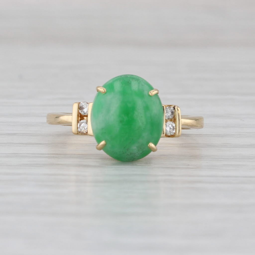 Oval Cabochon Green Jadeite Jade Diamond Ring 18k Yellow Gold Size 5.5
