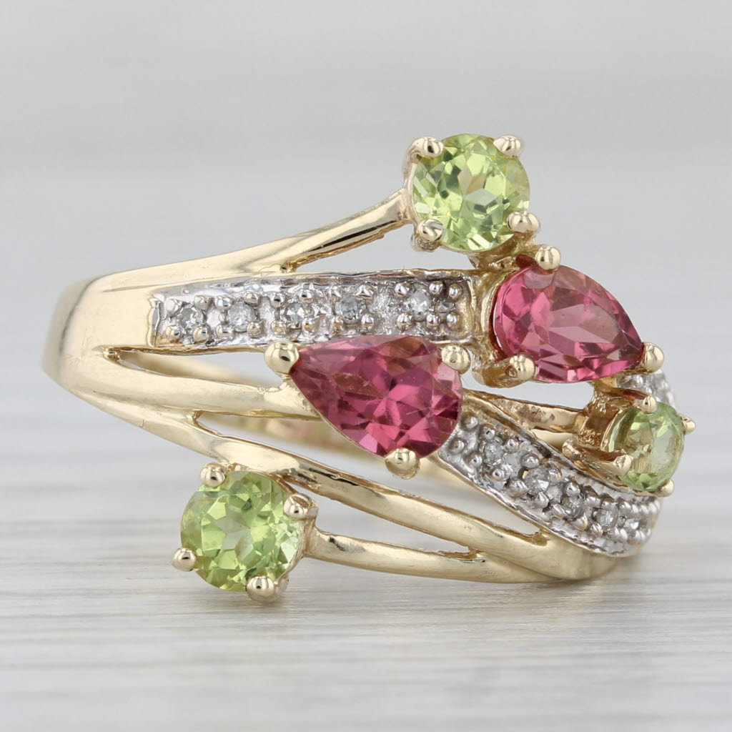 Gray 1.85ctw Tourmaline Peridot Diamond Bypass Ring 10k Yellow Gold Size 8.25