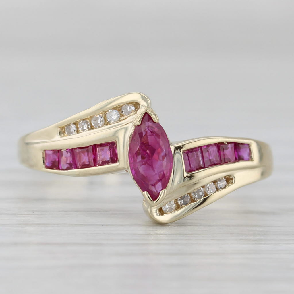 Light Gray Marquise Ruby Diamond Bypass Ring 10k Yellow Gold Size 9.25
