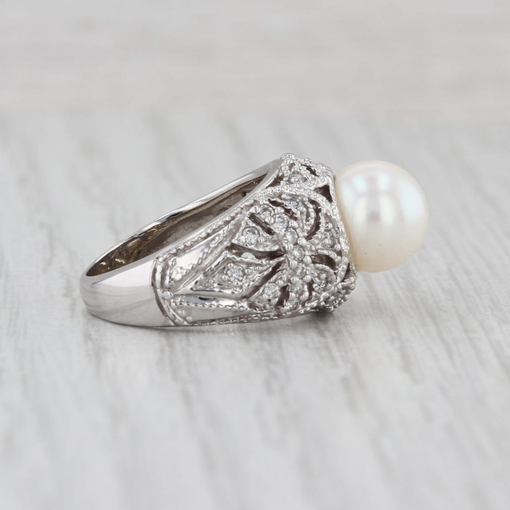 Cultured Pearl 0.27ctw Diamond Filigree Ring 14k White Gold Size 5.25