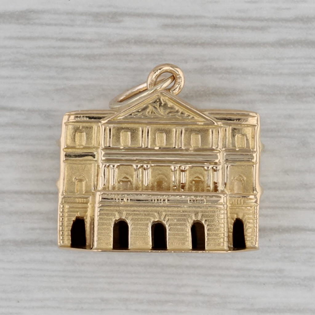 Dark Gray Vintage Milan Opera House Charm 18k Yellow Gold Teatro alla Scala Pendant